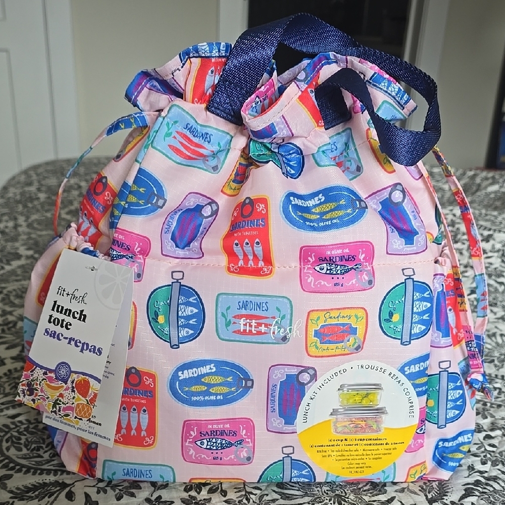 💥3/40💥 NWT Lunch Tote Pink and Blue Drawstring Bag with Sardine print